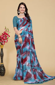 Generic Women's Georgette Printed Saree With Unstitched Blouse 5.5Mtr (Blue-Maroon)
