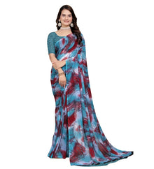 Generic Women's Georgette Printed Saree With Unstitched Blouse 5.5Mtr (Blue-Maroon)