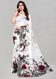 Generic Women's Georgette Printed Saree With Unstitched Blouse 5.5Mtr (White)