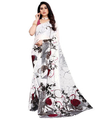 Generic Women's Georgette Printed Saree With Unstitched Blouse 5.5Mtr (White)