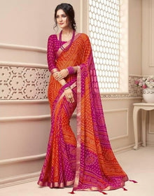 Generic Women's Georgette Bandhani Printed Saree With Unstitched Blouse 5.5Mtr (Orange-Magenta)