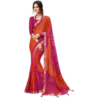 Generic Women's Georgette Bandhani Printed Saree With Unstitched Blouse 5.5Mtr (Orange-Magenta)