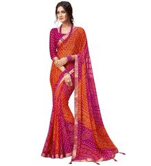 Generic Women's Georgette Bandhani Printed Saree With Unstitched Blouse 5.5Mtr (Orange-Magenta)