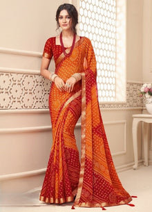 Generic Women's Georgette Bandhani Printed Saree With Unstitched Blouse 5.5Mtr (Orange-Red)
