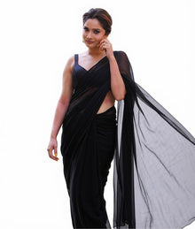 Generic Women's Georgette Solid Saree With Unstitched Blouse 5.5Mtr (Black)