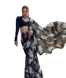 Generic Women's Georgette Floral Printed Saree With Unstitched Blouse 5.5Mtr (Black)