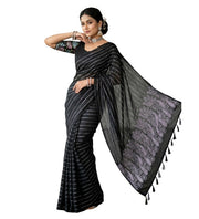 Generic Women's Georgette Striped Saree With Unstitched Blouse 5.5Mtr (Black)