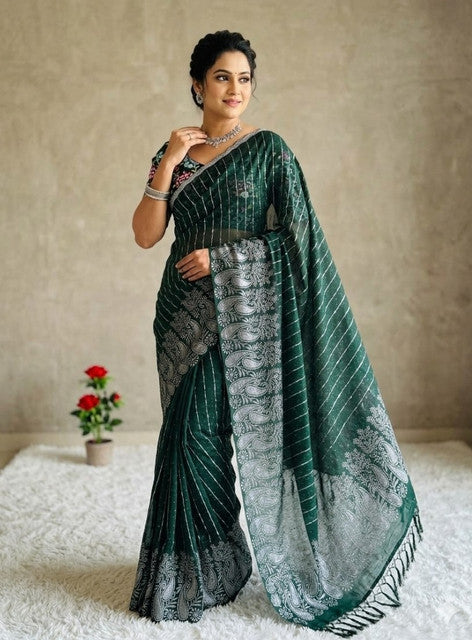 Generic Women's Georgette Striped Saree With Unstitched Blouse 5.5Mtr (Dark Green)