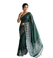 Generic Women's Georgette Striped Saree With Unstitched Blouse 5.5Mtr (Dark Green)