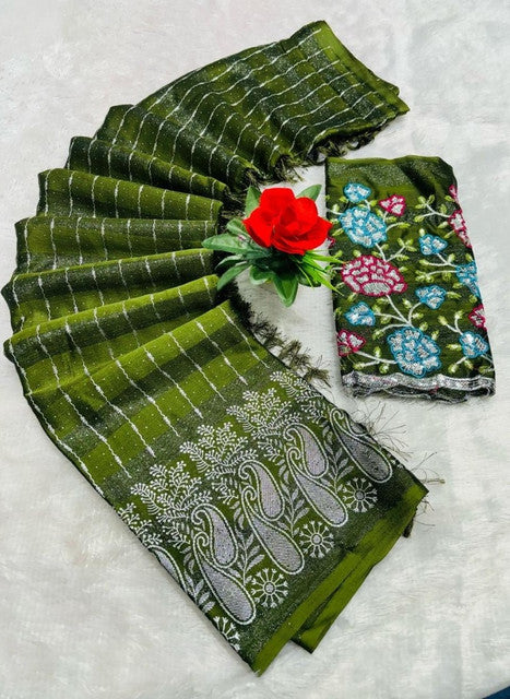 Generic Women's Georgette Striped Saree With Unstitched Blouse 5.5Mtr (Olive Green)