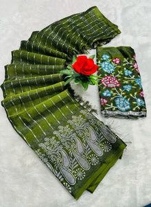 Generic Women's Georgette Striped Saree With Unstitched Blouse 5.5Mtr (Olive Green)