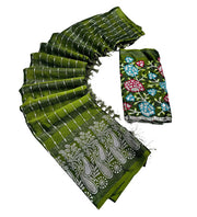 Generic Women's Georgette Striped Saree With Unstitched Blouse 5.5Mtr (Olive Green)