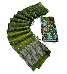 Generic Women's Georgette Striped Saree With Unstitched Blouse 5.5Mtr (Olive Green)