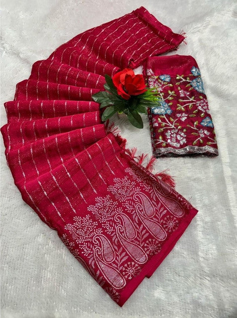 Generic Women's Georgette Striped Saree With Unstitched Blouse 5.5Mtr (Red)