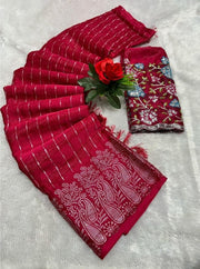 Generic Women's Georgette Striped Saree With Unstitched Blouse 5.5Mtr (Red)