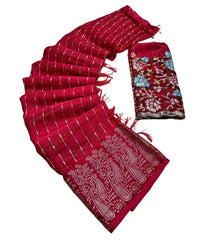 Generic Women's Georgette Striped Saree With Unstitched Blouse 5.5Mtr (Red)