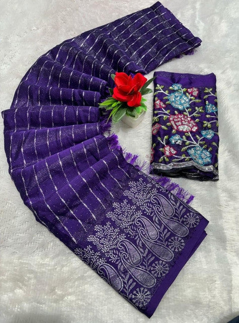Generic Women's Georgette Striped Saree With Unstitched Blouse 5.5Mtr (Purple)