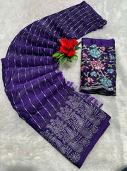 Generic Women's Georgette Striped Saree With Unstitched Blouse 5.5Mtr (Purple)