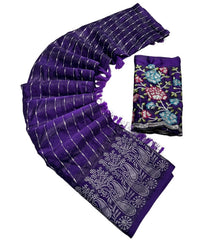 Generic Women's Georgette Striped Saree With Unstitched Blouse 5.5Mtr (Purple)