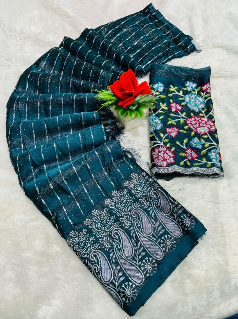 Generic Women's Georgette Striped Saree With Unstitched Blouse 5.5Mtr (Teal)