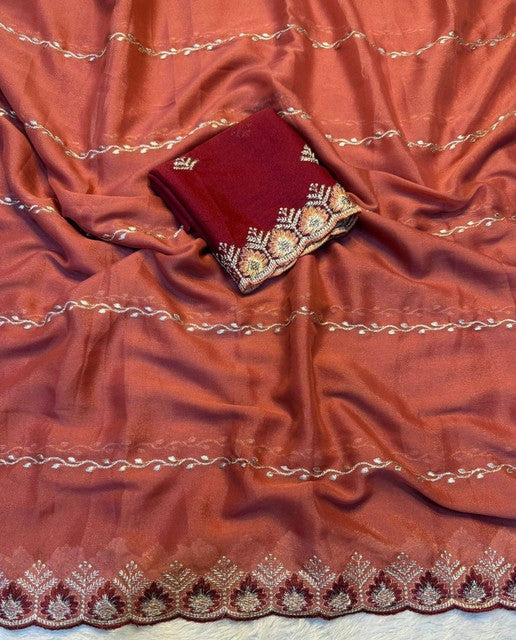 Generic Women's Georgette Embroidered Saree With Unstitched Blouse 5.5Mtr (Rust Orange)