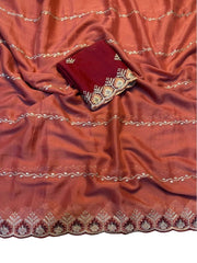 Generic Women's Georgette Embroidered Saree With Unstitched Blouse 5.5Mtr (Rust Orange)