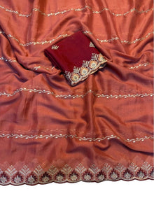 Generic Women's Georgette Embroidered Saree With Unstitched Blouse 5.5Mtr (Rust Orange)