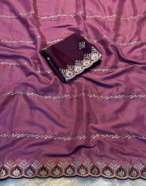 Generic Women's Georgette Embroidered Saree With Unstitched Blouse 5.5Mtr (Pink)