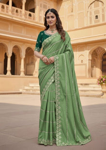 Generic Women's Georgette Embroidered Saree With Unstitched Blouse 5.5Mtr (Pista Green)