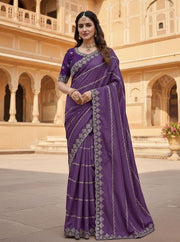 Generic Women's Georgette Embroidered Saree With Unstitched Blouse 5.5Mtr (Purple)