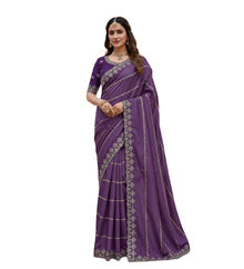 Generic Women's Georgette Embroidered Saree With Unstitched Blouse 5.5Mtr (Purple)