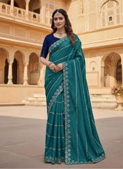 Generic Women's Georgette Embroidered Saree With Unstitched Blouse 5.5Mtr (Teal)