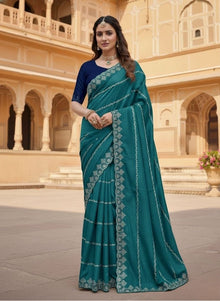 Generic Women's Georgette Embroidered Saree With Unstitched Blouse 5.5Mtr (Teal)