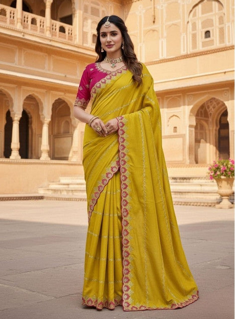 Generic Women's Georgette Embroidered Saree With Unstitched Blouse 5.5Mtr (Yellow)