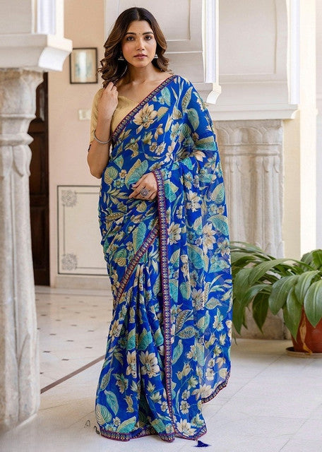 Generic Women's Georgette Floral Printed Saree With Unstitched Blouse 5.5Mtr (Blue)