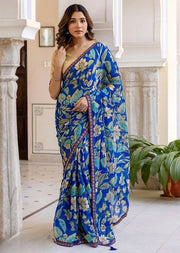 Generic Women's Georgette Floral Printed Saree With Unstitched Blouse 5.5Mtr (Blue)