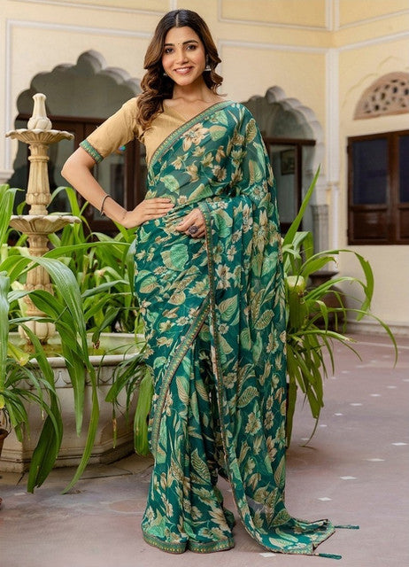 Generic Women's Georgette Floral Printed Saree With Unstitched Blouse 5.5Mtr (Green)