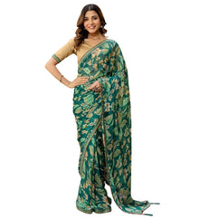 Generic Women's Georgette Floral Printed Saree With Unstitched Blouse 5.5Mtr (Green)