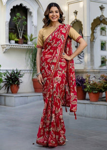 Generic Women's Georgette Floral Printed Saree With Unstitched Blouse 5.5Mtr (Red)