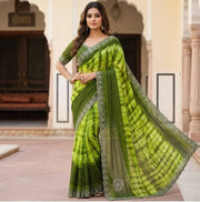 Generic Women's Georgette Striped Saree With Unstitched Blouse 5.5Mtr (Mehendi)