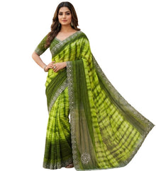 Generic Women's Georgette Striped Saree With Unstitched Blouse 5.5Mtr (Mehendi)