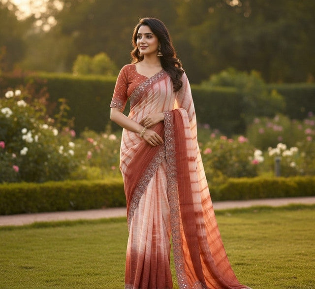 Generic Women's Georgette Striped Saree With Unstitched Blouse 5.5Mtr (Peach)