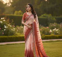 Generic Women's Georgette Striped Saree With Unstitched Blouse 5.5Mtr (Peach)