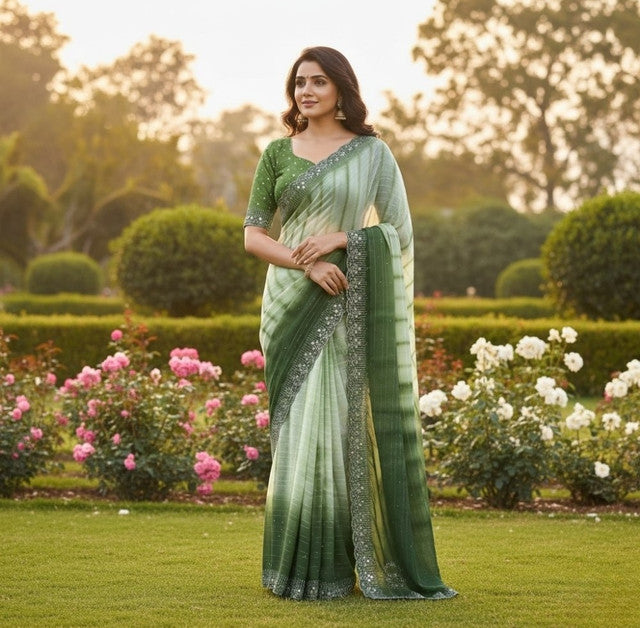 Generic Women's Georgette Striped Saree With Unstitched Blouse 5.5Mtr (Green)