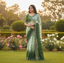 Generic Women's Georgette Striped Saree With Unstitched Blouse 5.5Mtr (Green)