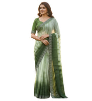 Generic Women's Georgette Striped Saree With Unstitched Blouse 5.5Mtr (Green)