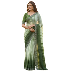 Generic Women's Georgette Striped Saree With Unstitched Blouse 5.5Mtr (Green)
