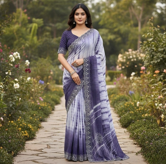 Generic Women's Georgette Striped Saree With Unstitched Blouse 5.5Mtr (Purple)