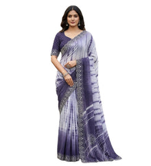 Generic Women's Georgette Striped Saree With Unstitched Blouse 5.5Mtr (Purple)