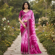 Generic Women's Georgette Striped Saree With Unstitched Blouse 5.5Mtr (Pink)